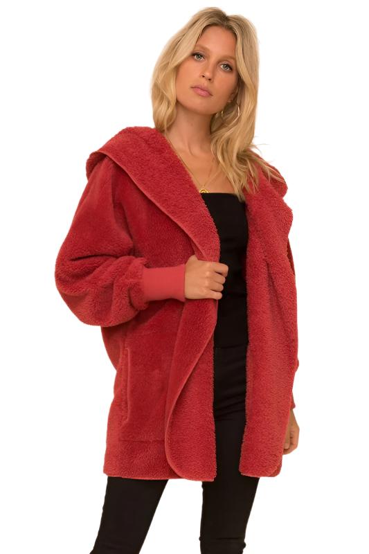 Hem & Thread Fuzzy knit open front, hooded cardigan with pockets L2394 - Vintage Red Fuzzy - front alt view  1