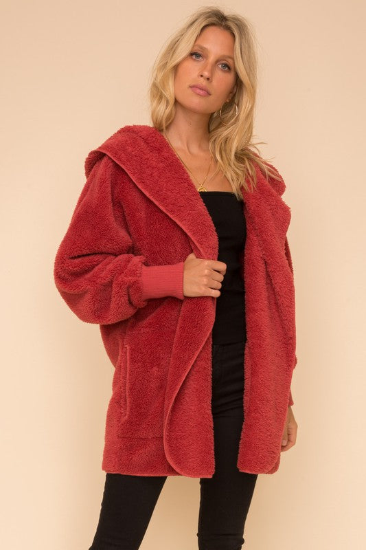 Hem & Thread Fuzzy knit open front, hooded cardigan with pockets L2394 - Vintage Red Fuzzy - front alt view  1