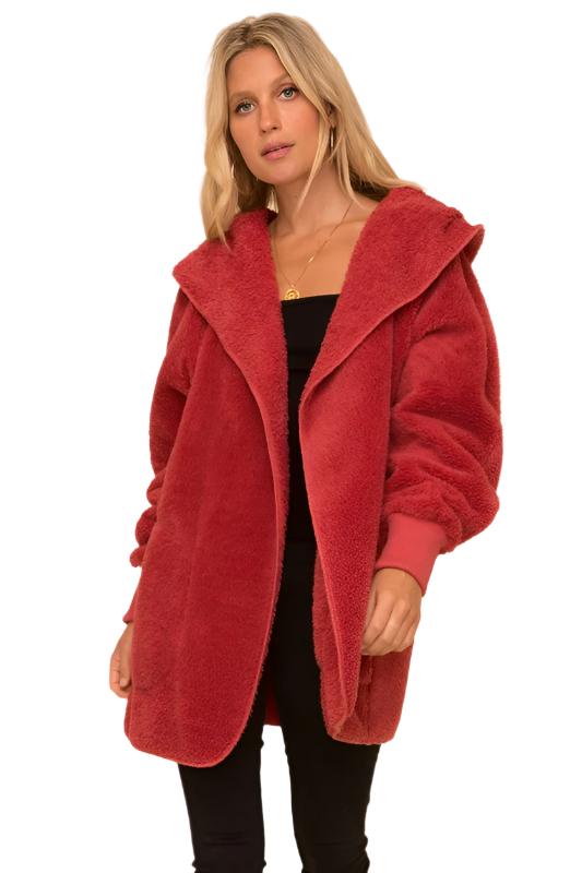Hem & Thread Fuzzy knit open front, hooded cardigan with pockets L2394 - Vintage Red Fuzzy - front alt view 2