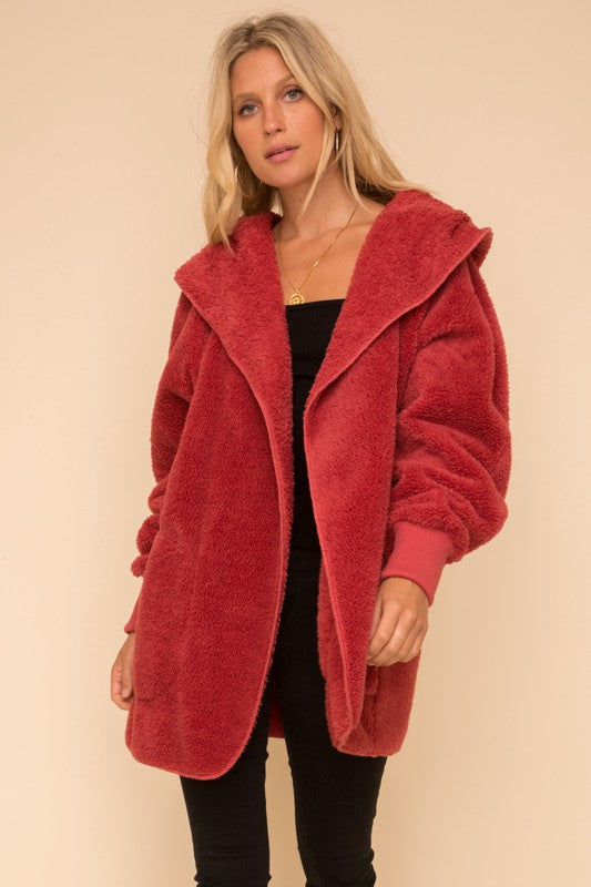 Hem & Thread Fuzzy knit open front, hooded cardigan with pockets L2394 - Vintage Red Fuzzy - front alt view 2