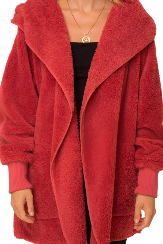 Hem & Thread Fuzzy knit open front, hooded cardigan with pockets L2394 - Vintage Red Fuzzy - front alt view 3