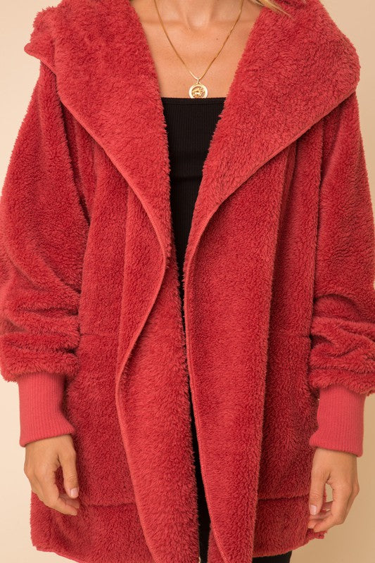 Hem & Thread Fuzzy knit open front, hooded cardigan with pockets L2394 - Vintage Red Fuzzy - front alt view 3