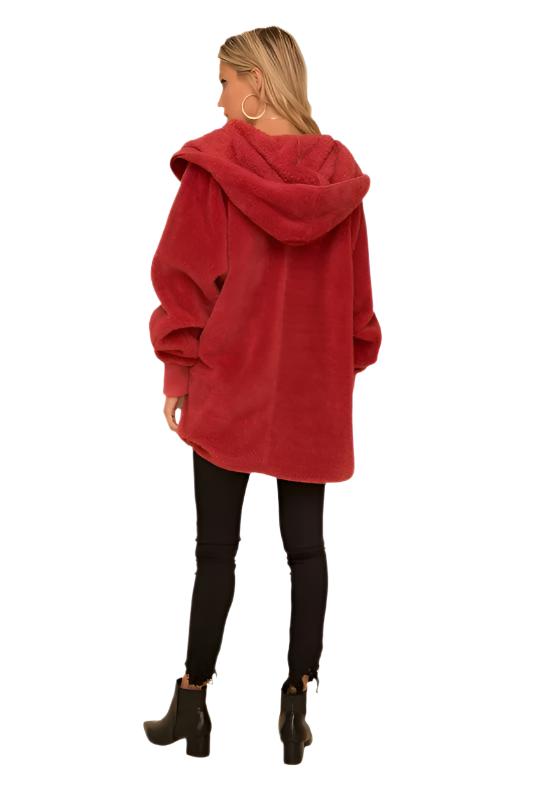 Hem & Thread Fuzzy knit open front, hooded cardigan with pockets L2394 - Vintage Red Fuzzy - rear alt view