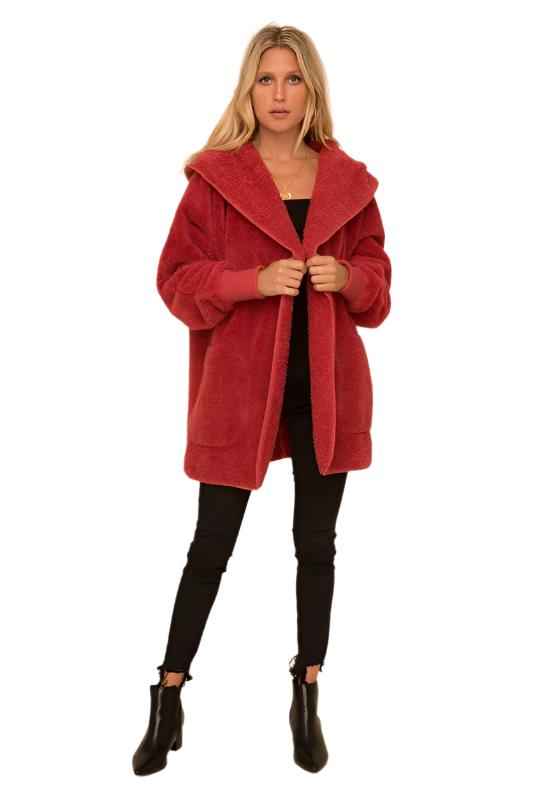 Hem & Thread Fuzzy knit open front, hooded cardigan with pockets L2394 - Vintage Red Fuzzy - front view 