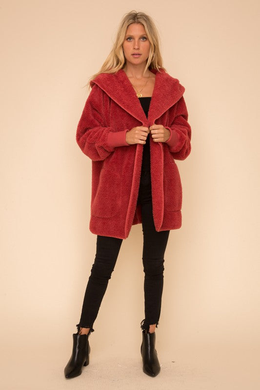 Hem & Thread Fuzzy knit open front, hooded cardigan with pockets L2394 - Vintage Red Fuzzy - front view 