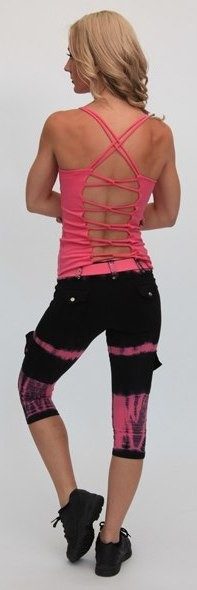 Equilibrium Activewear Tie Dyed Capri C344 - Pink-Black Tie Dye  -  rear view