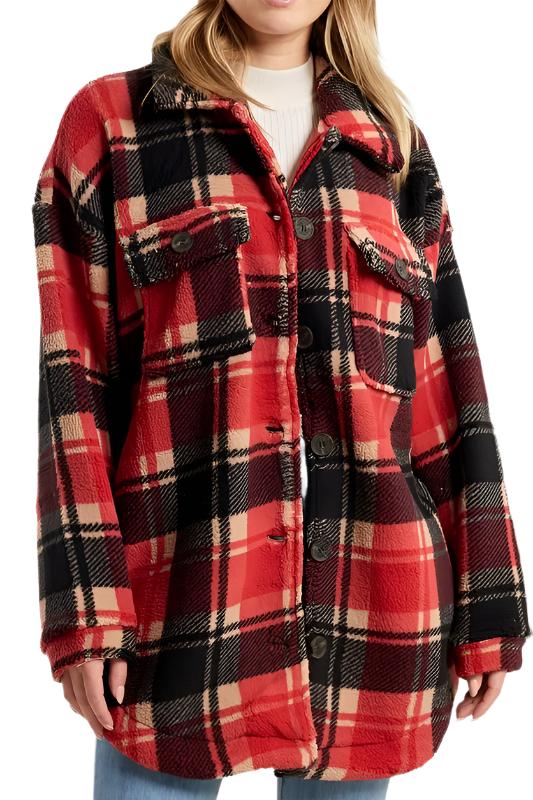 Plaid Fleece Jacket - Red - Front View