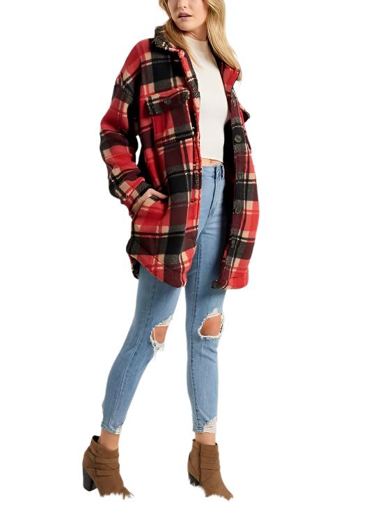 Plaid Fleece Jacket - Red - Front Side View