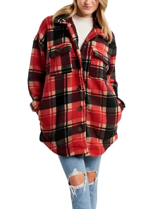 Plaid Fleece Jacket - Red - Front View