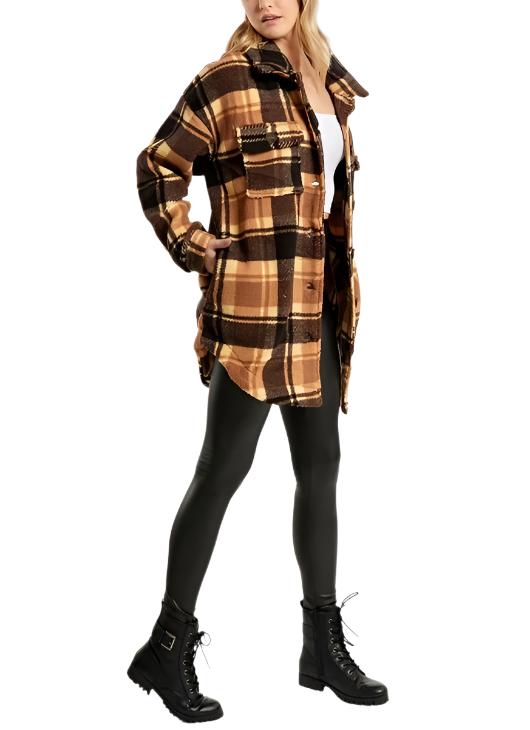 Plaid Fleece Jacket - Brown - Side Full View