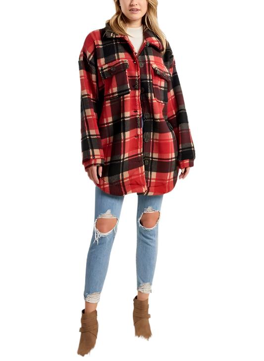 Plaid Fleece Jacket - Red - Front Full View