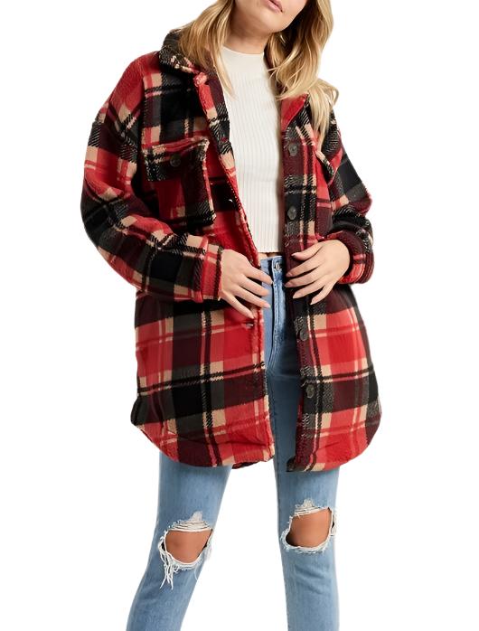 Plaid Fleece Jacket - Red - Front View