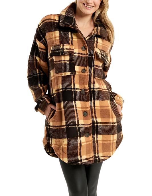 Plaid Fleece Jacket - Brown - Front View