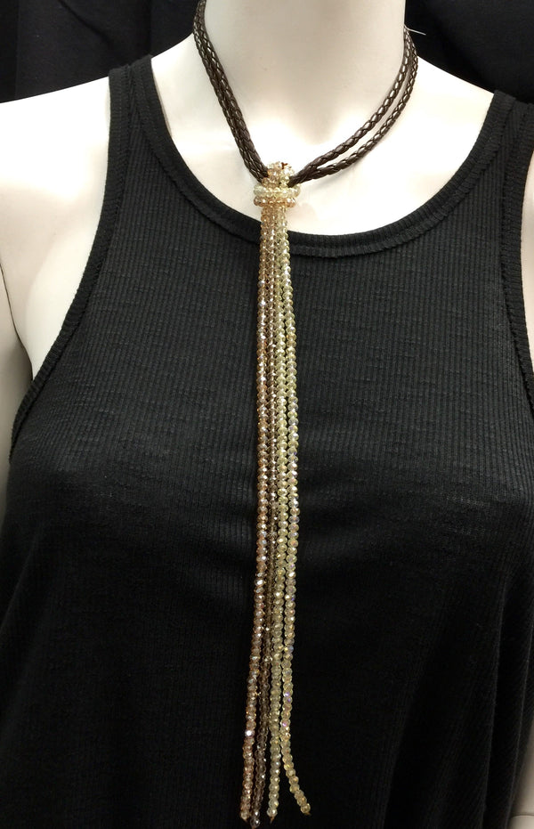 Braided Leather and Crystal Choker - Champagne