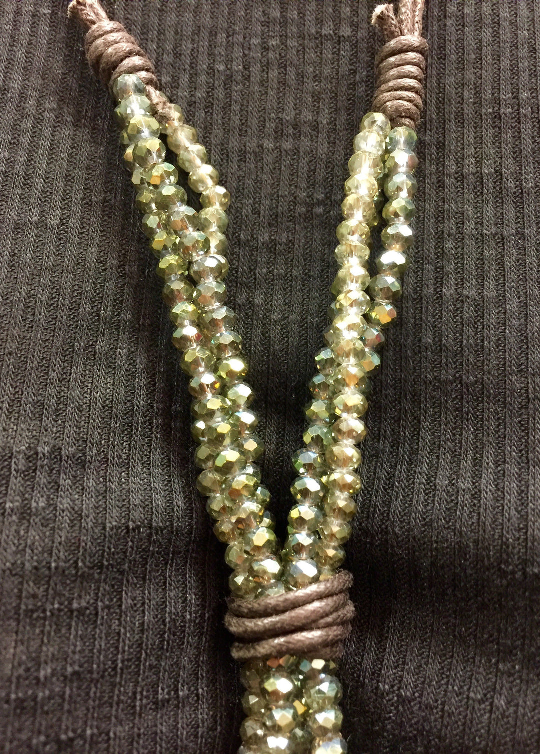 Leather and Crystal Long Dangle Necklace - Sage 