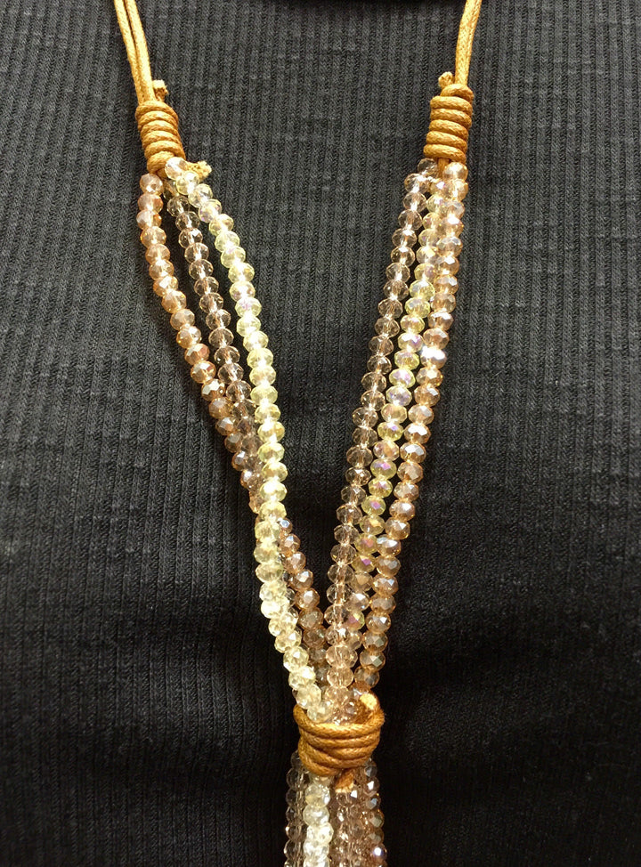 Leather and Crystal Long Dangle Necklace - Champagne