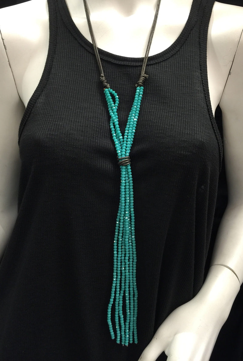 Leather and Crystal Long Dangle Necklace - Turquoise
