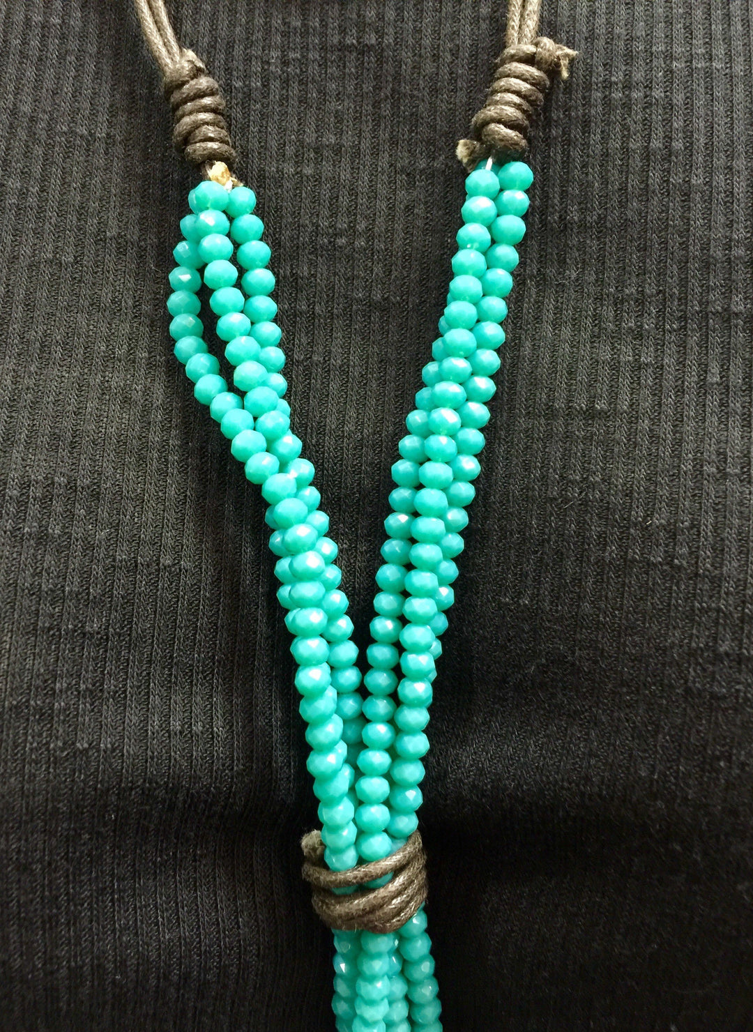 Leather and Crystal Long Dangle Necklace - Turquoise