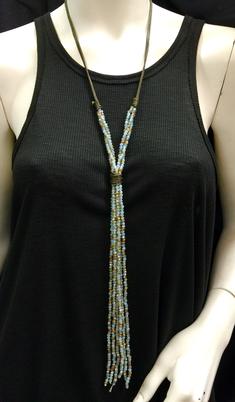 Leather and Crystal Long Dangle Necklace - Baby/Blue