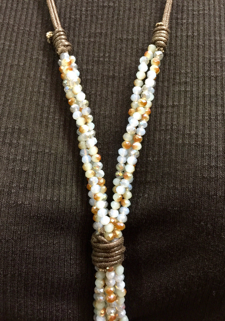 Leather and Crystal Long Dangle Necklace - Champagne