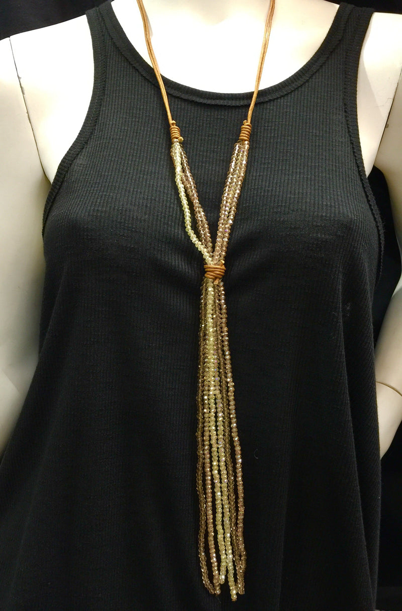 Leather and Crystal Long Dangle Necklace - Champagne