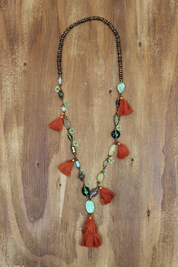 Artisan Chunky Long Tassel Necklace - Rust