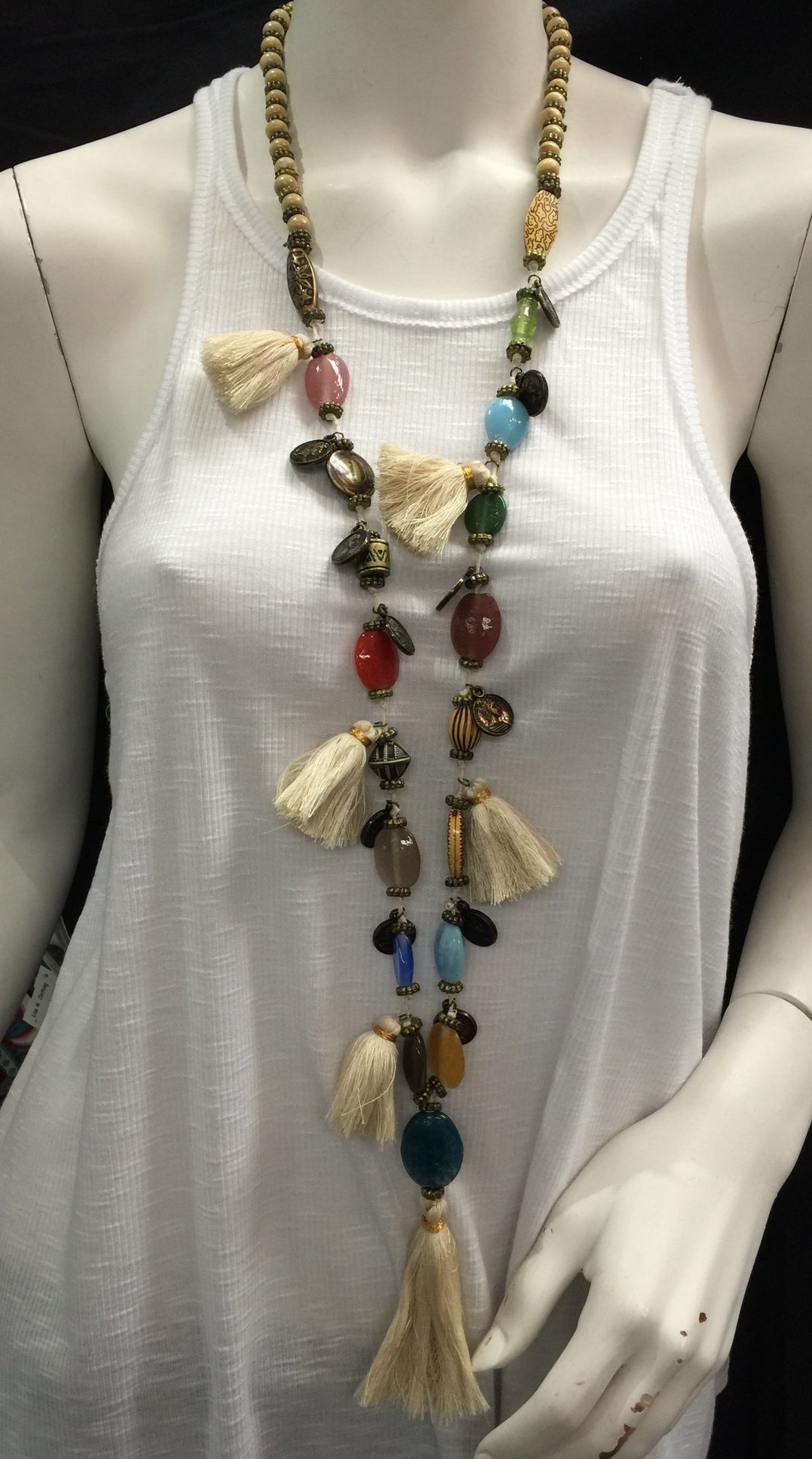 Artisan Chunky Long Tassel Necklace - Cream