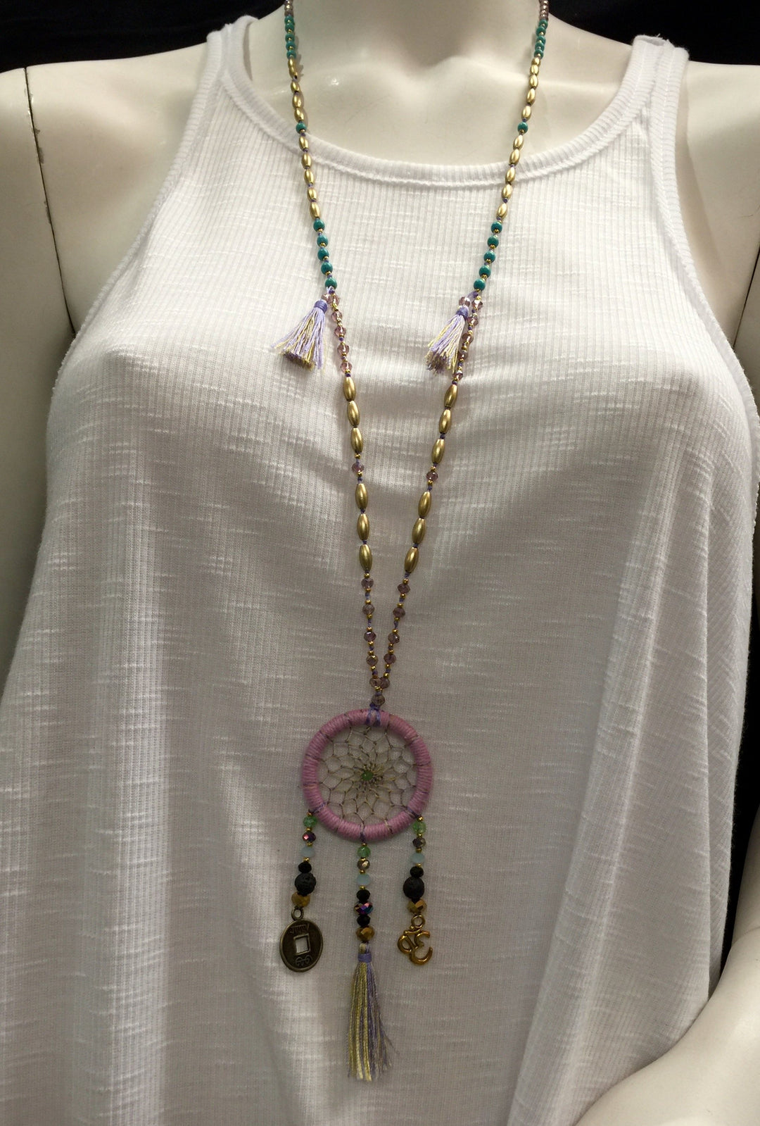 Dream Catcher Necklace with Tassels - BabyPink