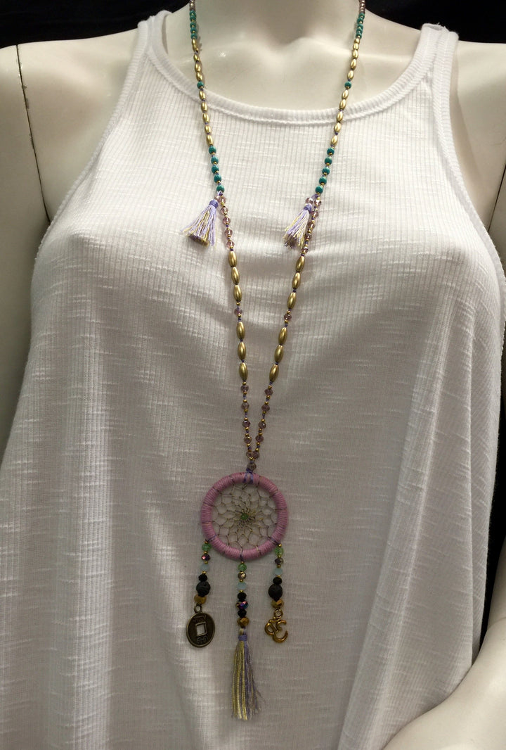 Dream Catcher Necklace with Tassels - BabyPink