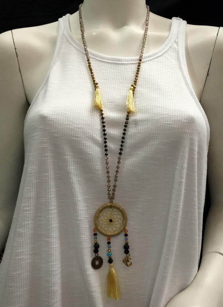 Dream Catcher Necklace with Tassels - Tan