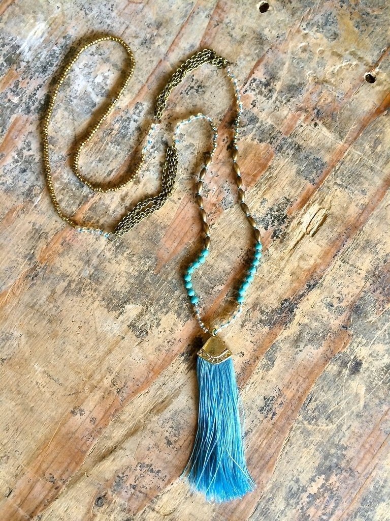 Tribal Necklace with Tassels - Turquoise