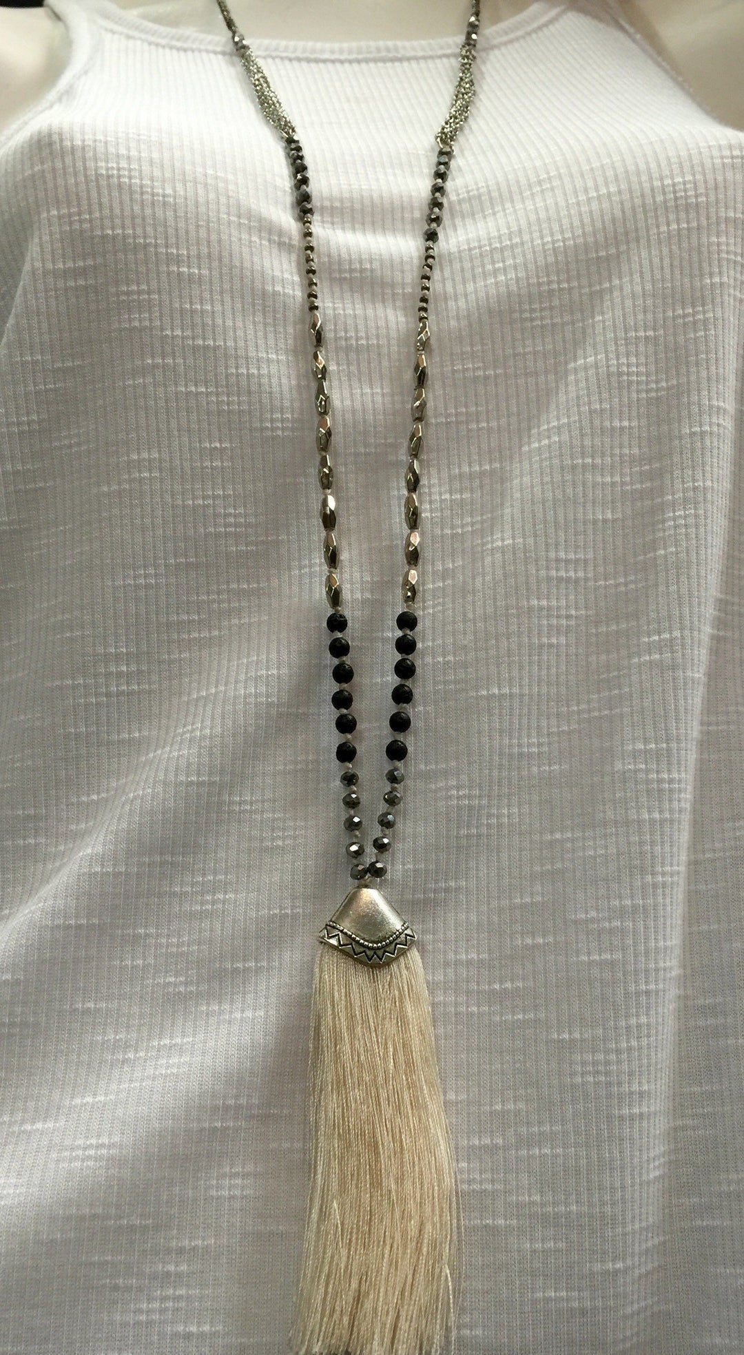 Tribal Necklace with Tassels - White