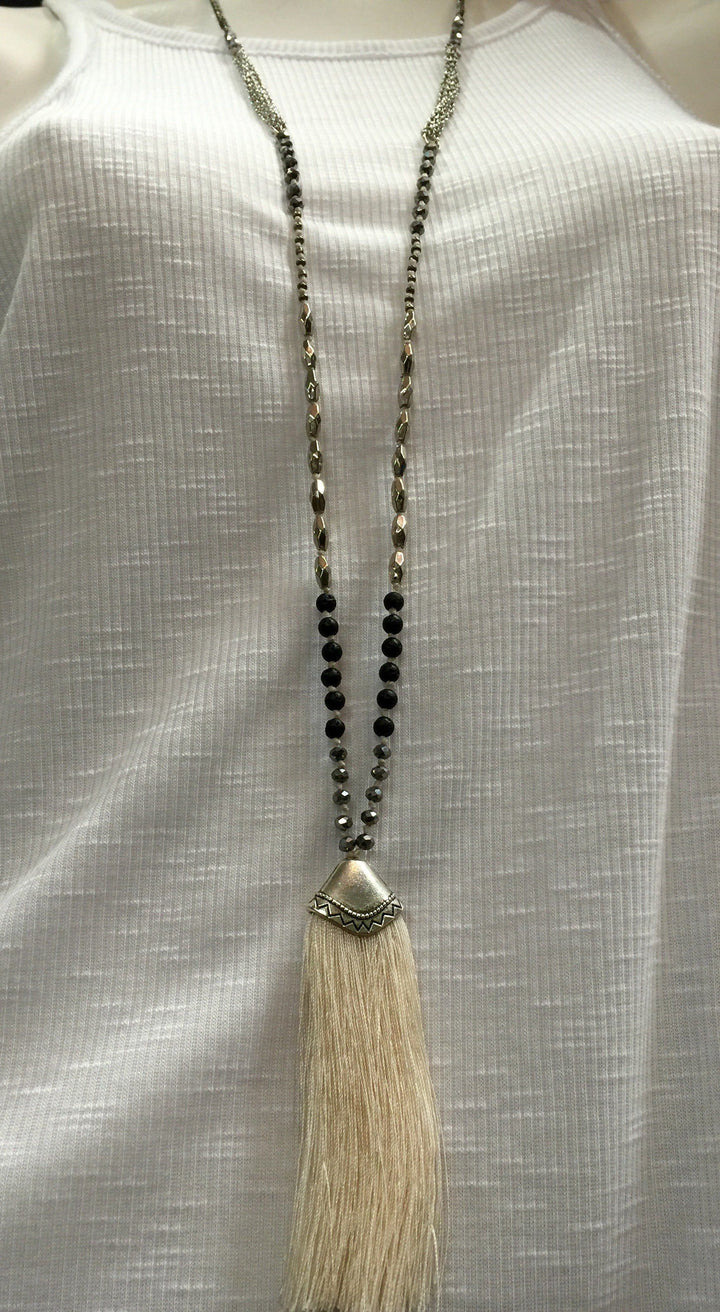 Tribal Necklace with Tassels - White