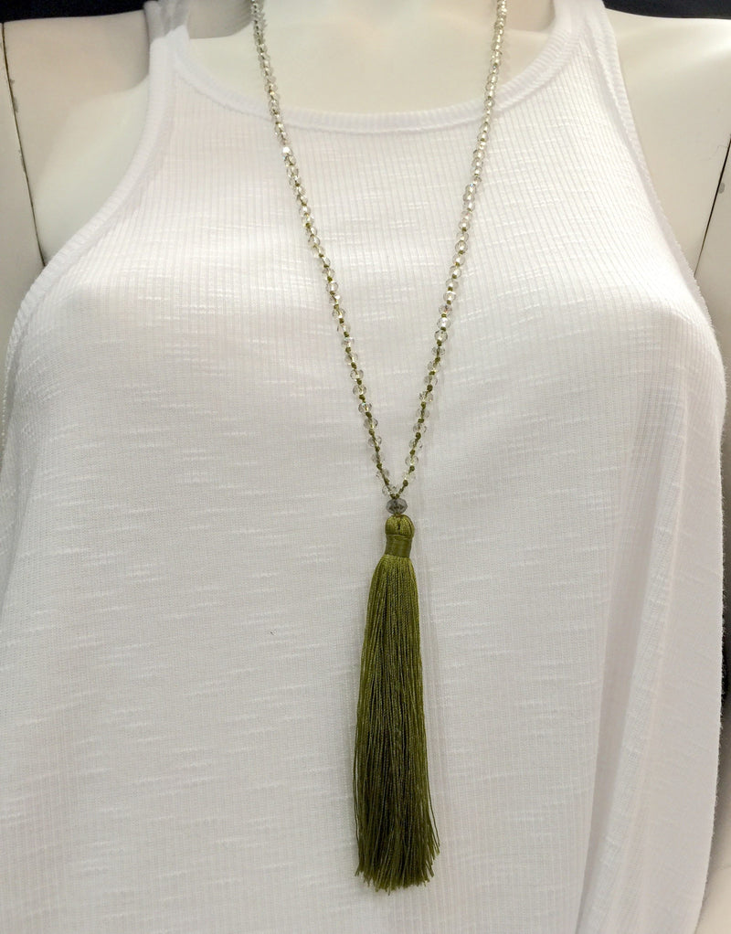Simple Crystal Tassel Necklace - Green