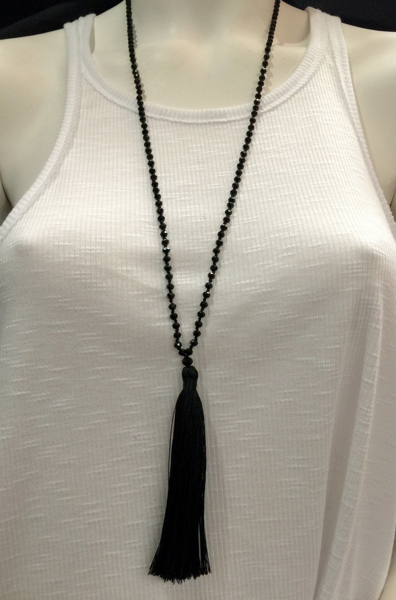 Simple Crystal Tassel Necklace - Black