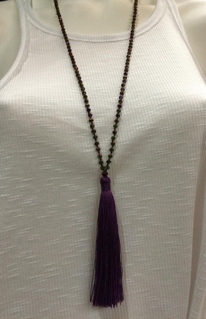 Simple Crystal Tassel Necklace - Purple