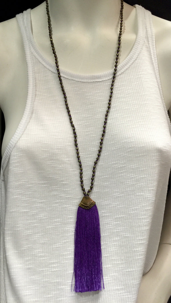 Brass Beads Tassel Necklace - Purple
