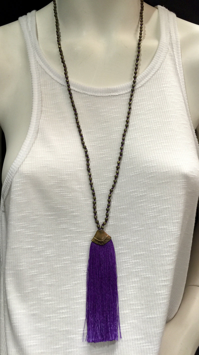 Brass Beads Tassel Necklace - Purple