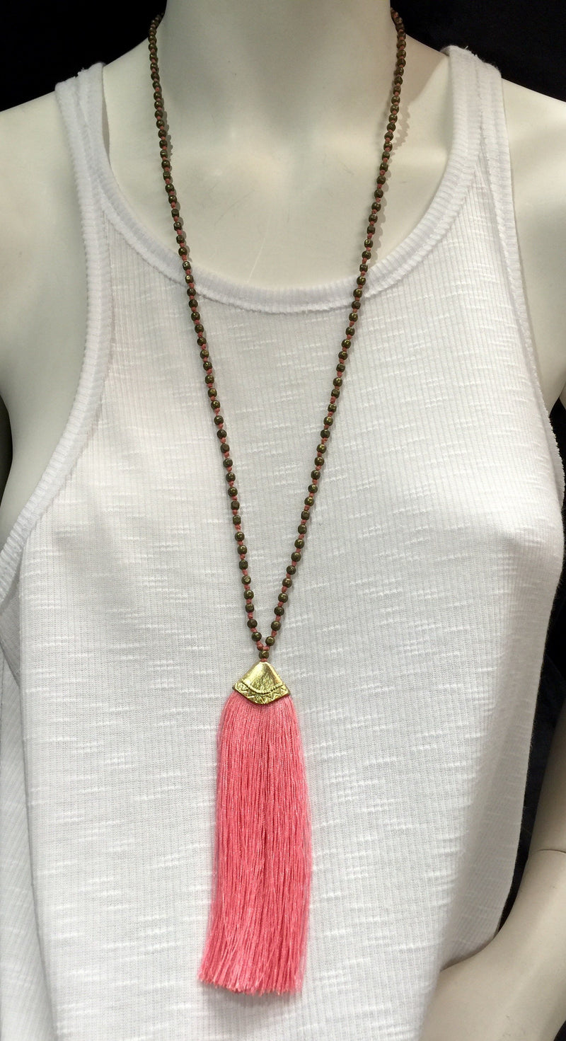 Brass Beads Tassel Necklace - Coral