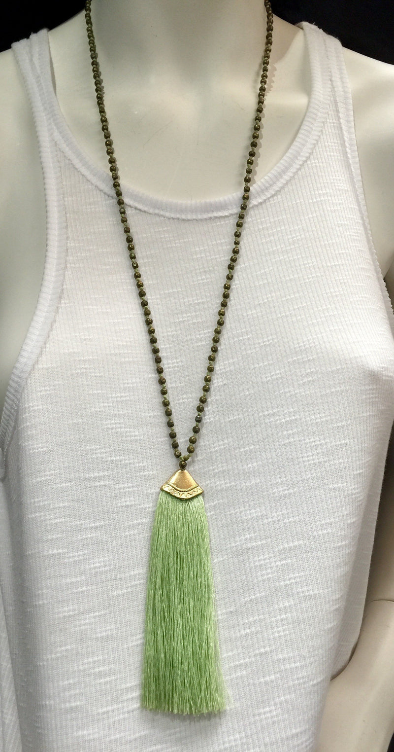 Brass Beads Tassel Necklace - Mint Green 