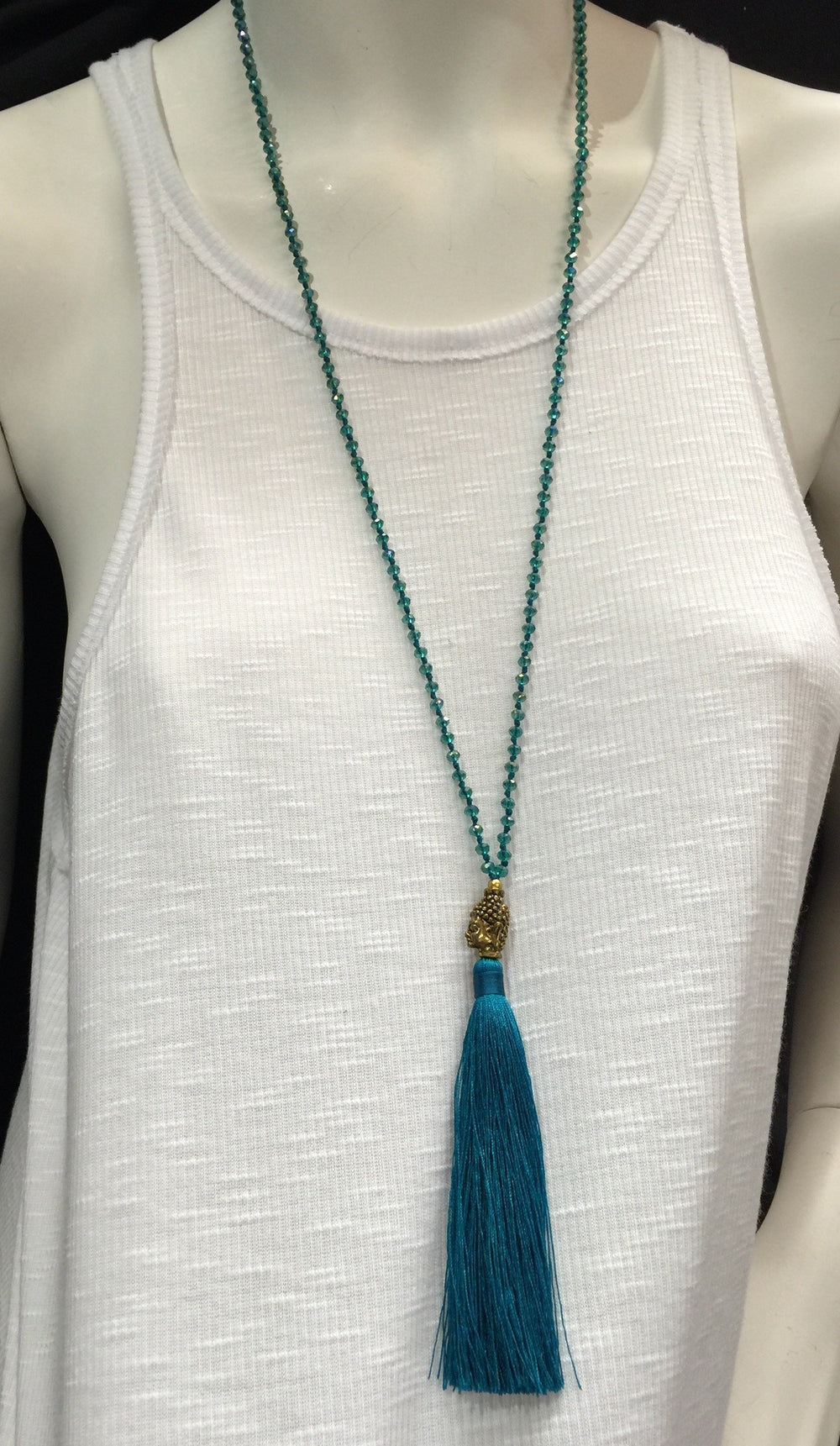 Buddha Tassel Crystal Necklace - Dark Teal