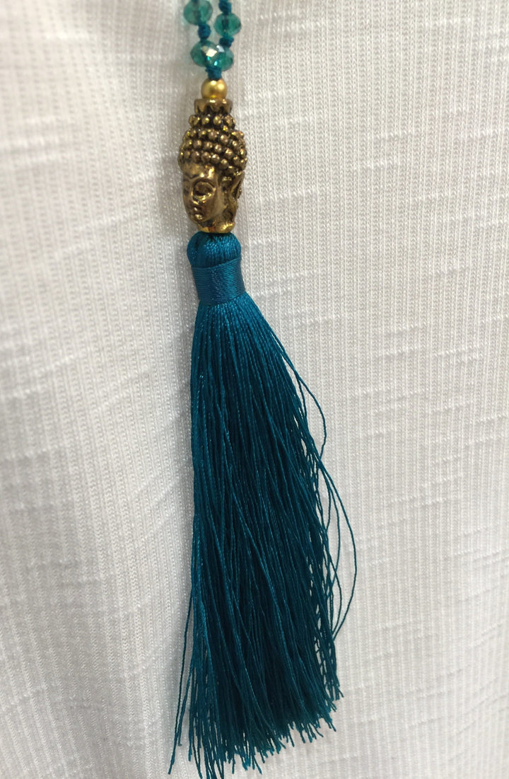 Buddha Tassel Crystal Necklace - Dark Teal