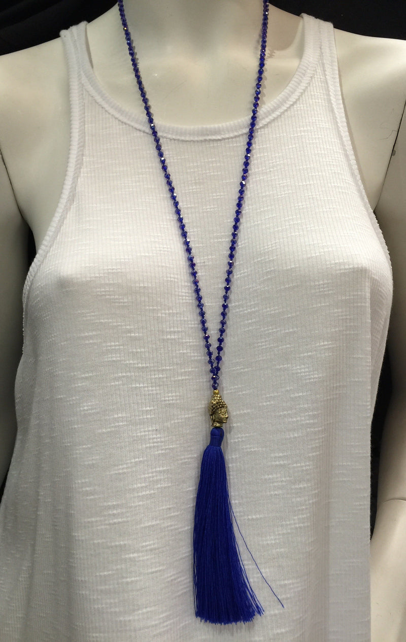 Buddha Tassel Crystal Necklace - Royal Blue
