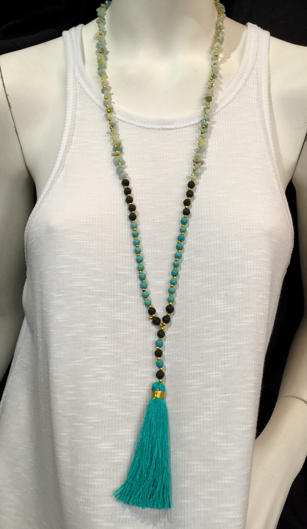 Lava Rock Stone Chips Tassel Necklace - Mint Green 