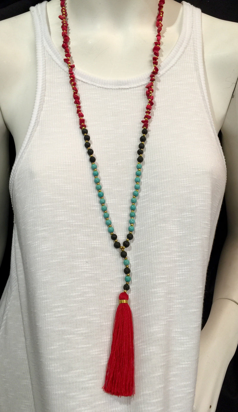 Lava Rock Stone Chips Tassel Necklace - Red 