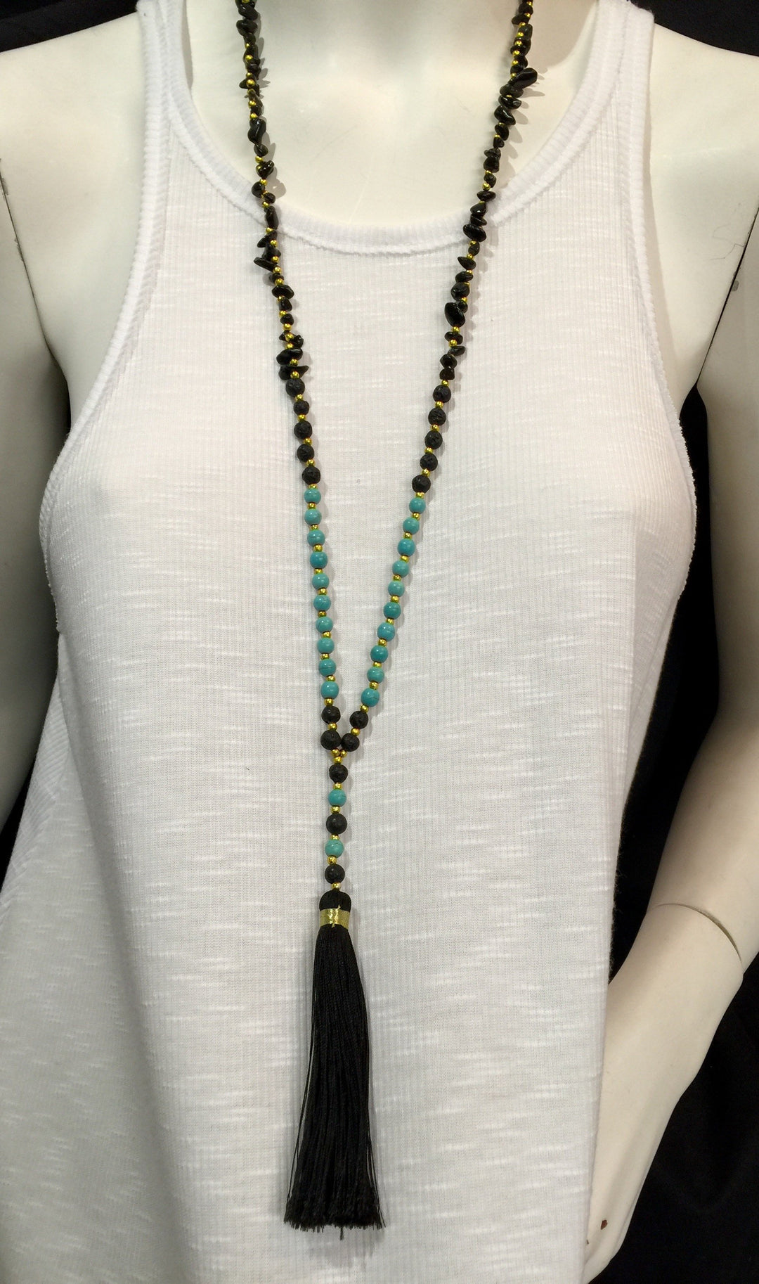 Lava Rock Stone Chips Tassel Necklace - Black 