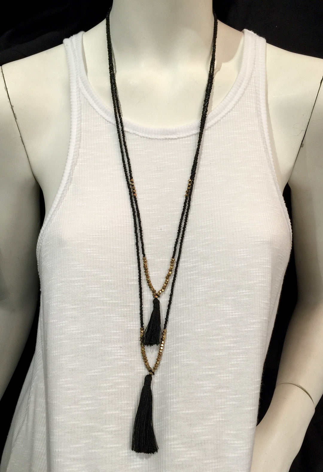 Seed Bead Double Strand Tassel Necklace - Black 
