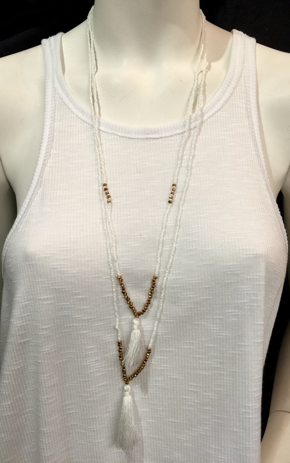 Seed Bead Double Strand Tassel Necklace - White 