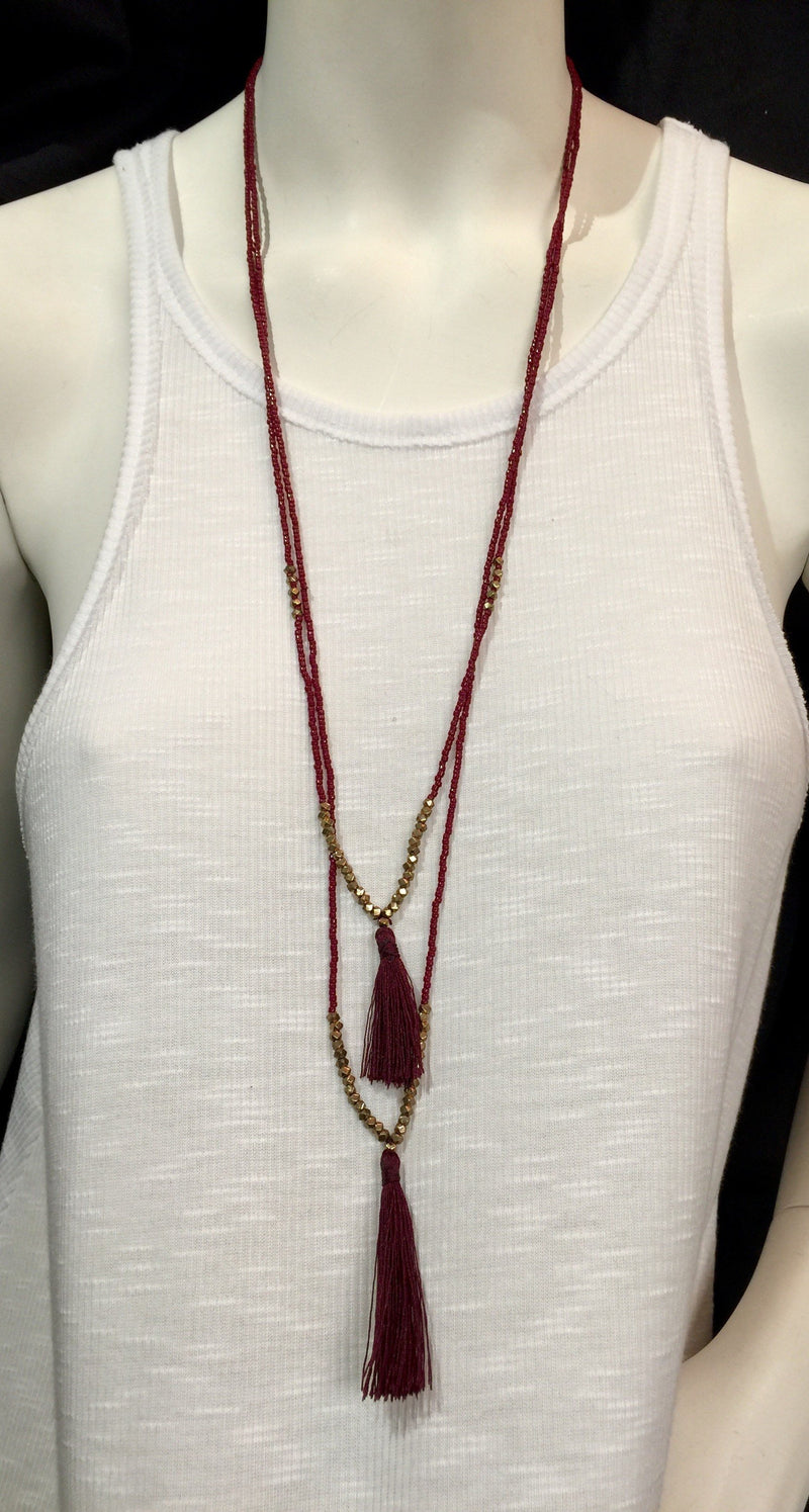Seed Bead Double Strand Tassel Necklace - Red