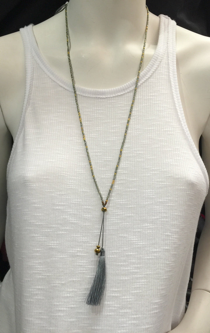 Single Strand Seed Bead Mini Tassel Necklace - Silver